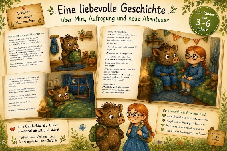 May include: A children's storybook titled Eine liebevolle Geschichte featuring illustrations of a young boar and a girl with red braids. The pages show scenes of the characters preparing for kindergarten, with German text throughout the book pages.
