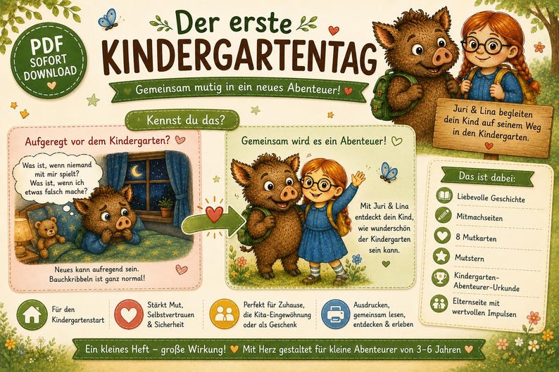 May include: A digital PDF download titled Der erste KINDERGARTENTAG featuring illustrations of a boar and a girl named Juri and Lina. The document includes text about starting kindergarten, courage, and adventure, along with a list of included items.