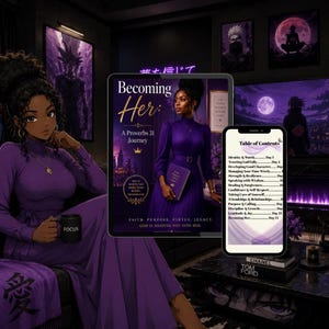May include: A digital illustration featuring a person in a purple dress holding a black mug labeled FOCUS, next to a tablet displaying the book cover Becoming Her: A Proverbs 31 Journey and a smartphone showing a table of contents list.