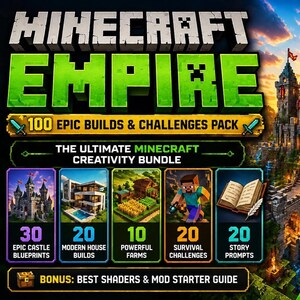Puede incluir: Imagen promocional de Minecraft Empire, con el logotipo del juego en verde y blanco. La imagen destaca un paquete con 100 construcciones y desafíos épicos, incluyendo planos de castillos, construcciones de casas modernas y desafíos de supervivencia. El texto dice "The Ultimate Minecraft Creativity Bundle."
