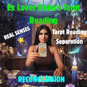May include: A tarot reading scene featuring a person holding a Wheel of Fortune card. Text overlays include WILL HE COME BACK? Ex Lover Return Tarot Reading, REAL SENSES, Tarot Reading Separation, RECONCILIATION, and INSIGHT.