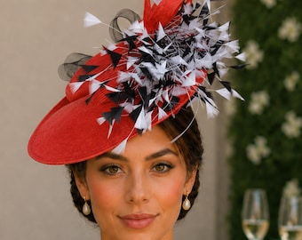 Bespoke Cherry Red Ascot Ready Statement Occasion Headpiece - Wedding Guest & Ladies Day