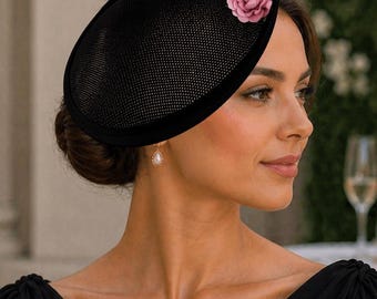 Black Fascinator Pink Flowers Hand Decorated Statement Headpiece UK