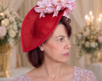 Red Floral Hatinator Fascinator | Crimson Sinamay Headpiece Wedding Race Day Hat