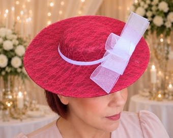 Red Lace Hatinator White Sinamay Bow Wedding Guest Ladies Day Headpiece