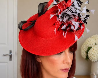 Red & Black Fascinator Hat 30cm Wedding Guest Hat Race Day Hatinator Statement Headpiece