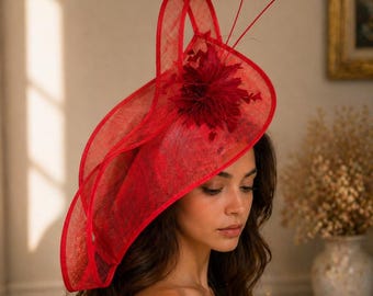 Red Sinamay Hatinator Hat Hand Decorated Ascot 2026 Statement Headpiece