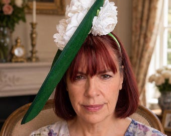 Green Lace Hatinator Cream Roses Bespoke One of a Kind Wedding Headpiece