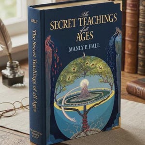 May include: A hardback book titled "The Secret Teachings of All Ages" by Manly P. Hall. The book has a dark blue cover with gold detailing and an illustrated design. The spine reads "The Secret Teachings of all Ages" and "Hall".