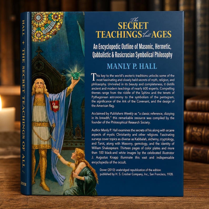 May include: A hardback book titled "The Secret Teachings of All Ages" by Manly P. Hall. The cover shows a robed figure holding a chalice, with text describing Masonic, Hermetic, and Qabbalistic philosophy. The book is published by Dover.