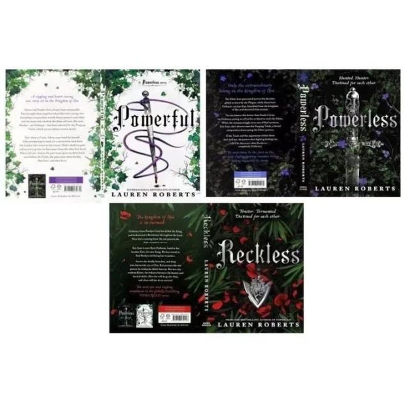 Pode incluir: Uma cole&ccedil;&atilde;o de capas de livros com os t&iacute;tulos "Powerful", "Powerless" e "Reckless" de Lauren Roberts. As capas t&ecirc;m fundos escuros com desenhos florais e de fantasia. Os livros fazem parte de uma s&eacute;rie de fantasia para jovens adultos.