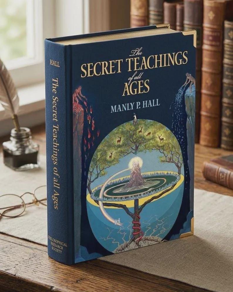 May include: A hardback book titled "The Secret Teachings of All Ages" by Manly P. Hall. The book has a dark blue cover with gold detailing and an illustrated design. The spine reads "The Secret Teachings of all Ages" and "Hall".