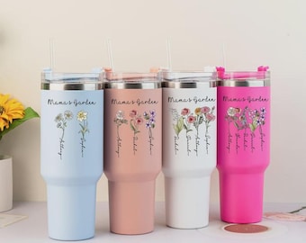 Vaso térmico de 1,1 litros (40 oz), vaso personalizado "Jardín de Mamá", vaso con diseño de flor de nacimiento y nombres de los niños, regalo para mamá.