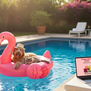 May include: A bright pink inflatable flamingo pool float carrying a golden-brown dog wearing a beige straw hat and a fluffy grey cat. A silver laptop sits nearby displaying the text Pampered Pet Travel, Adventures Journal, and SPAIN.