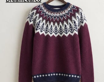 Suéter de tricô Fair Isle, blusa feminina de gola redonda, blusa casual e quente para o inverno.