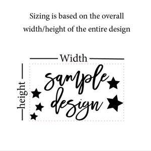 May include: A black and white graphic design with the text "Sample design" and five black stars. The text is in a handwritten font. The graphic is surrounded by a dotted line.