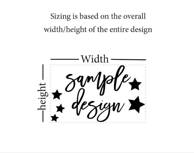 May include: A black and white graphic design with the text "Sample design" and five black stars. The text is in a handwritten font. The graphic is surrounded by a dotted line.