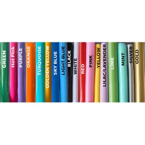 May include: A row of 18 paint tubes, each displaying a different colour. The colours are: green, hot pink, purple, orange, turquoise, golden yellow, sky blue, light blue, black, white, red, pink, yellow, lilac/lavender, lime, mint, silver, and gold.