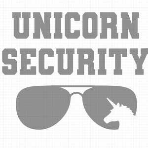 Puede incluir: Diseño gráfico gris con el texto "Unicorn Security" en fuente negrita. Debajo del texto hay un par de gafas de sol grises con una silueta de unicornio reflejada en las lentes.