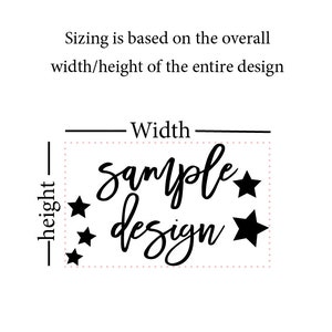 Może przedstawiać: Czarny projekt graficzny z napisem sample design wykonanym kursywą, otoczony pięcioma pełnymi czarnymi gwiazdami o r&oacute;żnych rozmiarach. Obraz zawiera etykiety szerokości i wysokości wskazujące, że rozmiar opiera się na całkowitych wymiarach.