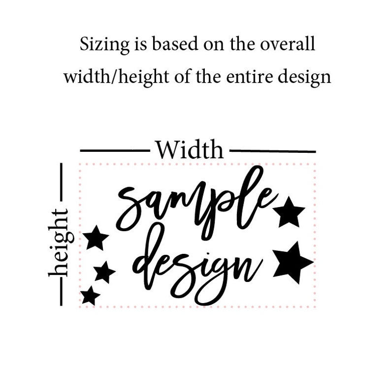 Może przedstawiać: Czarny projekt graficzny z napisem sample design wykonanym kursywą, otoczony pięcioma pełnymi czarnymi gwiazdami o r&oacute;żnych rozmiarach. Obraz zawiera etykiety szerokości i wysokości wskazujące, że rozmiar opiera się na całkowitych wymiarach.