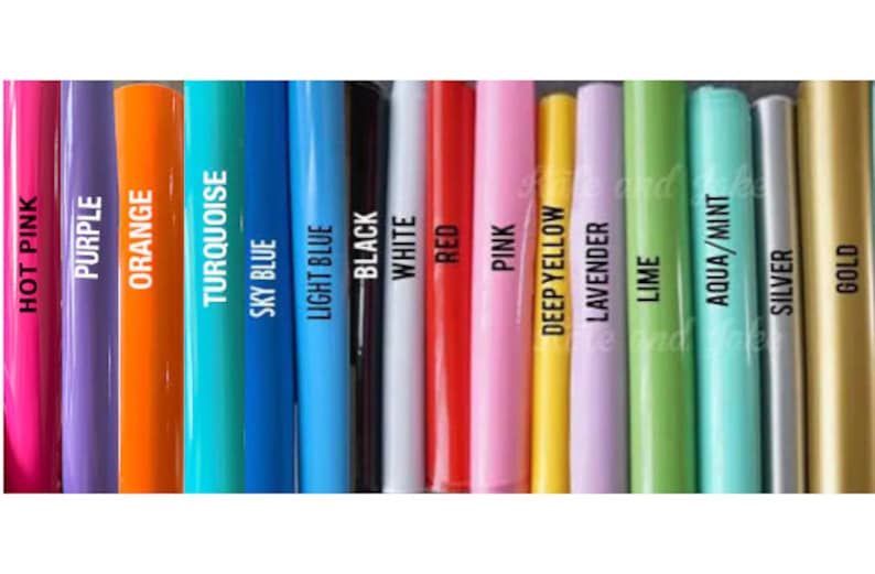 May include: A collection of 16 vinyl samples in various colours, including hot pink, purple, orange, turquoise, sky blue, light blue, black, white, red, pink, deep yellow, lavender, lime, aqua/mint, silver, and gold.
