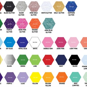 May include: A chart of 36 different glitter colors, organized in a hexagonal grid. Each hexagon is labeled with the color name, such as "Red Glitter", "Black Glitter", "Silver Glitter", "Rose Gold Glitter", "White Glitter", "Gold Glitter", "Sapphire Glitter", "Green Glitter", "Purple Glitter", "Neon Pink Glitter", "Orange Glitter", "Aqua Blue Glitter", "Light Blue", "Sky Blue", "Royal Blue", "White", "Bubble Gum", "Dark Pink", "Light Pink", "Coral", "Gold", "Silver", "Green", "Lime", "Red", "Navy", "Black", "Powder Blue (Limited)", "Dark Purple", "Purple", "Lilac", "Yellow", "Golden Yellow", "Orange", "Mint (Limited)", and "Sage Green (Limited)".