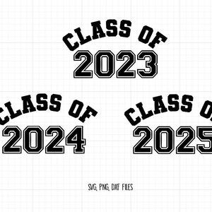 以下が含まれることがあります： 「Class of」の文字と「2023」、「2024」、「2025」の年号が書かれた、白黒の卒業デザインが3つあります。