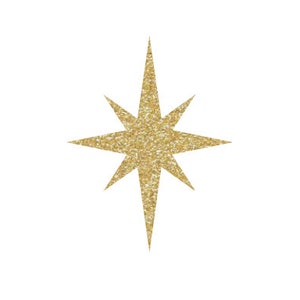 May include: A gold glitter star with eight points. The star is a simple design with a pointed tip.