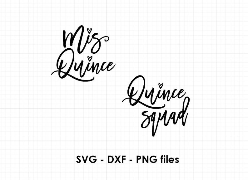 May include: Black and white text graphic design with the words "Miss Quince" and "Quince Squad" with small hearts.