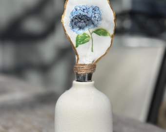 Hand Painted Oyster Shell Wine Stopper - Blue Hydrangea Design