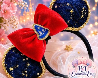 Fantasia Inspired Mickey Ears Headband | Celestial Velvet Mouse Ears with Red Bow