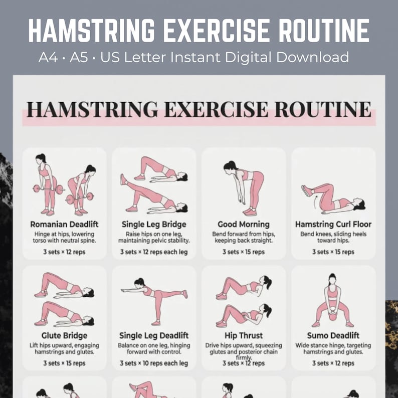 May include: A digital exercise chart titled HAMSTRING EXERCISE ROUTINE featuring eight illustrated workout movements with text instructions and repetition counts. The layout includes Romanian Deadlift, Single Leg Bridge, Good Morning, Hamstring Curl Floor, Glute Bridge, Single Leg Deadlift, Hip Thrust, and Sumo Deadlift.