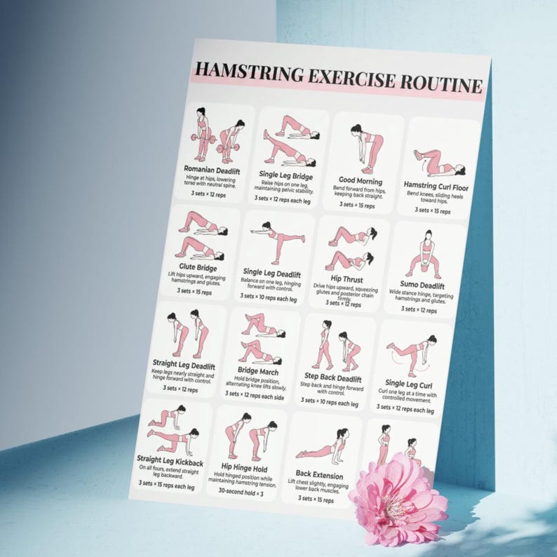 Hamstring Exercises Printable, Hamstring Workout Chart PDF, Lower Body & Leg Day Workout, Hamstring Stretch Routine, Glutes Exercise Poster image 4