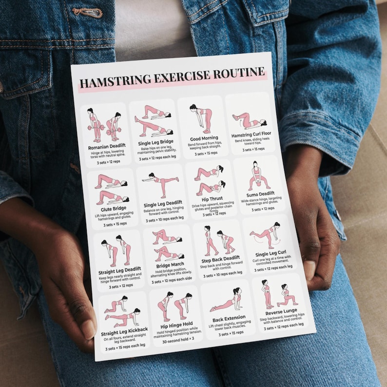 May include: A white rectangular exercise chart titled Hamstring Exercise Routine featuring sixteen illustrated panels with pink and black figures demonstrating various movements like Romanian Deadlifts, Glute Bridges, and Lunges with text instructions.