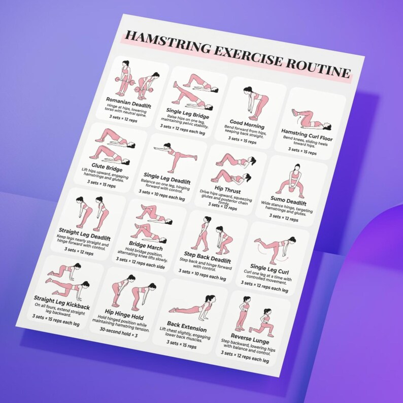 Hamstring Exercises Printable, Hamstring Workout Chart PDF, Lower Body & Leg Day Workout, Hamstring Stretch Routine, Glutes Exercise Poster image 2