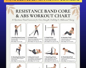 Resistance Band Core & Abs Workout Chart Printable PDF, 16 Ab Exercises, Home Gym Core Training, Strength and Stability Fitness Poster