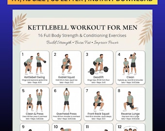 Kettlebell Workout for Men Printable PDF, 16 Full Body Strength Exercises, Home & Gym Training Poster, Muscle Building Workout Chart