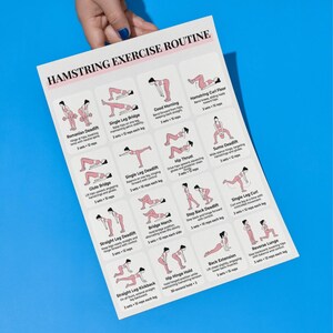 May include: A white instructional poster titled HAMSTRING EXERCISE ROUTINE featuring twelve illustrated exercise diagrams with black text descriptions and rep counts, including Romanian Deadlift, Single Leg Bridge, Good Morning, and Hamstring Curl Floor.