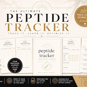 May include: A printable peptide tracker with five pages, including a protocol log, daily injection log, and weekly check-in. The design is in black and gold, with the text "The Ultimate Peptide Tracker". The pages are US Letter size, 8.5" x 11".