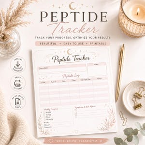 May include: A printable "Peptide Tracker" in a soft pink and white design. The tracker includes sections for tracking progress, peptide logs, and weekly progress. The text reads "Track Your Progress, Optimize Your Results."