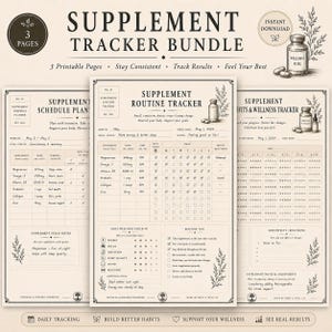 Puede incluir: Un paquete de seguimiento de suplementos imprimible con tres páginas. Las páginas incluyen un plan de programación de suplementos, un rastreador de rutina y un rastreador de beneficios y bienestar. El diseño es beige con ilustraciones botánicas.