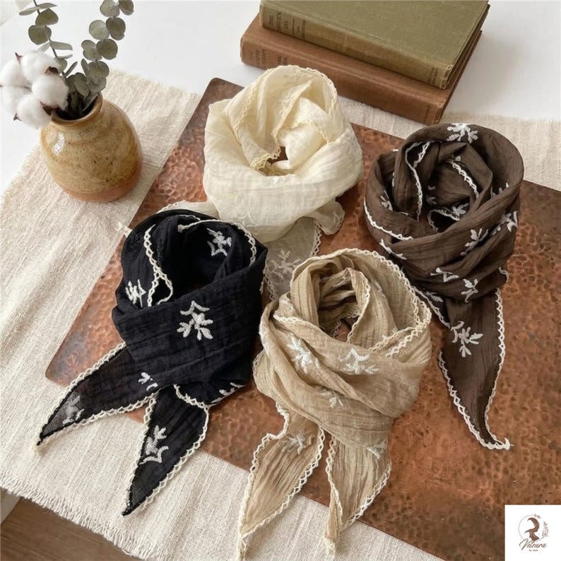 Floral lace hair wrap tied as triangle bandana for everyday fashion