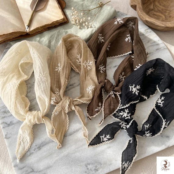 Floral Lace Triangle Hair Scarf – Cotton Linen Boho Headband, Beach, Casual Styling