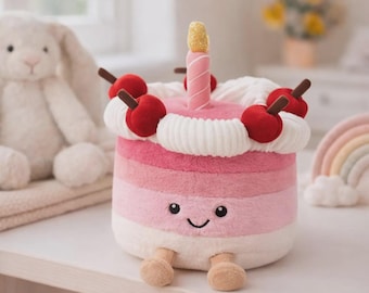Jellycat Inspired Cherry Cake Plush Toy: Layered Pink Dessert, Smiling Face, 20cm