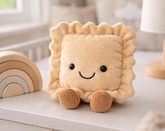 Ravioli Plush Toy: Smiling Stuffed Food, Soft Nursery Decor, Jellycat Inspired Collector Item