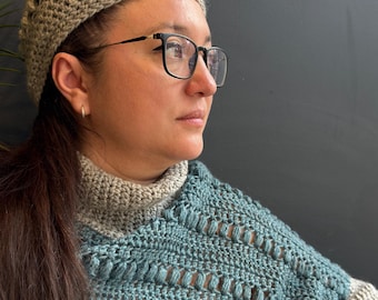 Poncho de cuello alto de encaje color turquesa hecho a mano – 100% lana virgen – DROPS Lima – Talla única