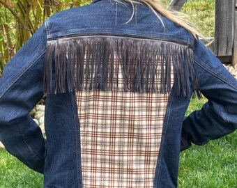 Veste en jean à franges avec panneau arrière à carreaux - Moyenne
