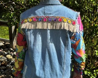Veste en jean avec tissu satiné à fleurs imprimées - Grande