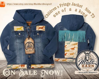 Veste en jean à capuche pour enfant (taille 3T) avec franges turquoise